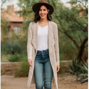 Billabong Crochet Duster Cardigan Womens Size S Cream Boho Coastal Open Sweater